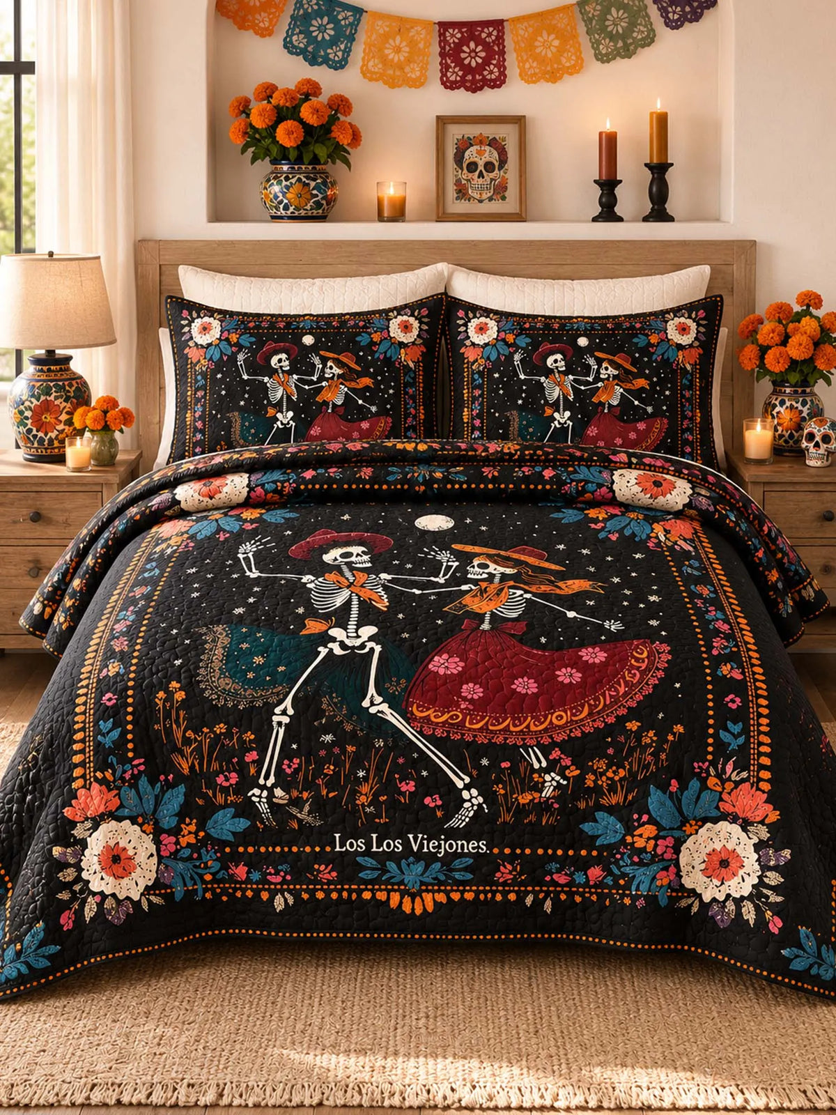 Dancing Skeletons Day of the Dead Quilted 3-Piece Bedding Set