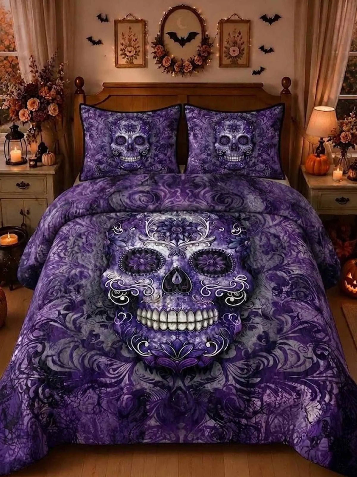 Dark Damask Scroll Skull Vintage Gothic Halloween Quilted 3‐Piece Bedding Set