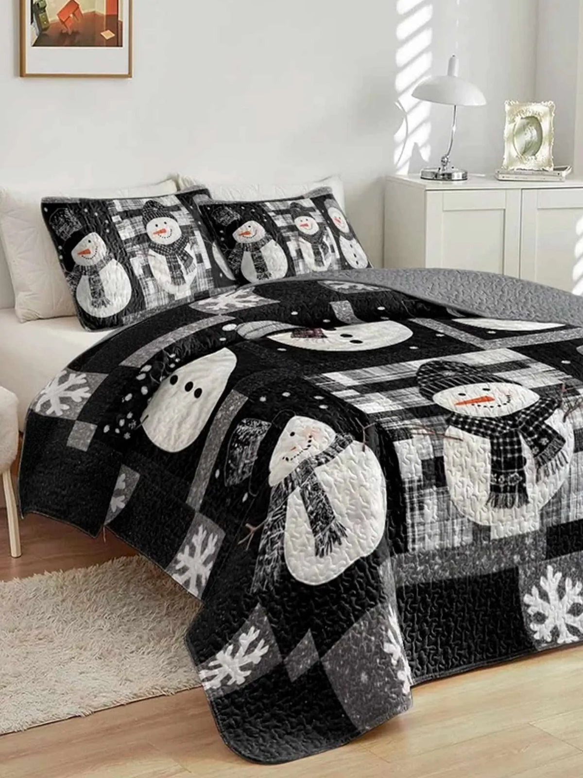Snowman Buffalo Plaid Patchwork Quilted 3‐Piece Bedding Set