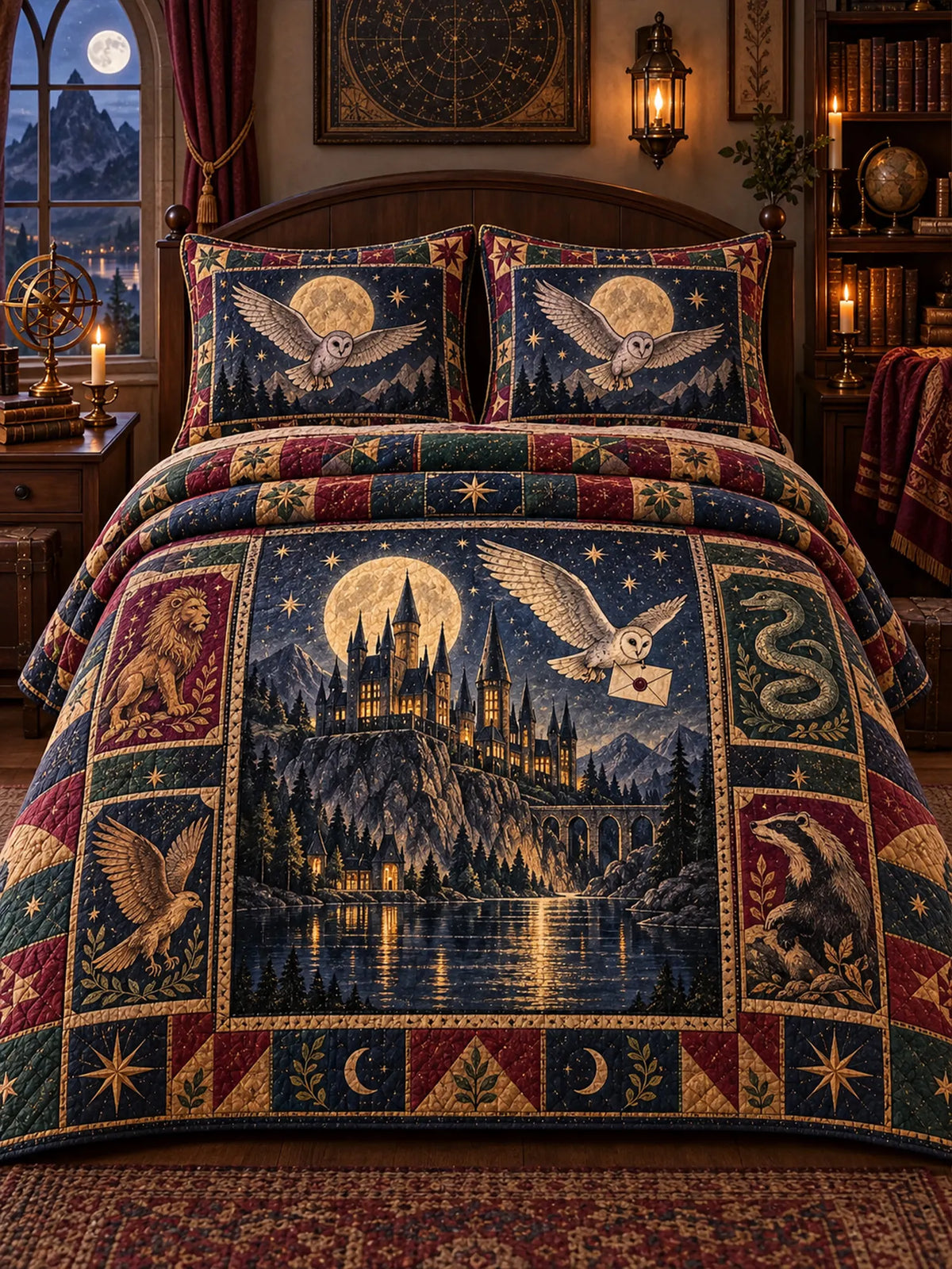 Fantasy Castle Heraldic Emblem Owl Star Quilted 3‐Piece Bedding Set