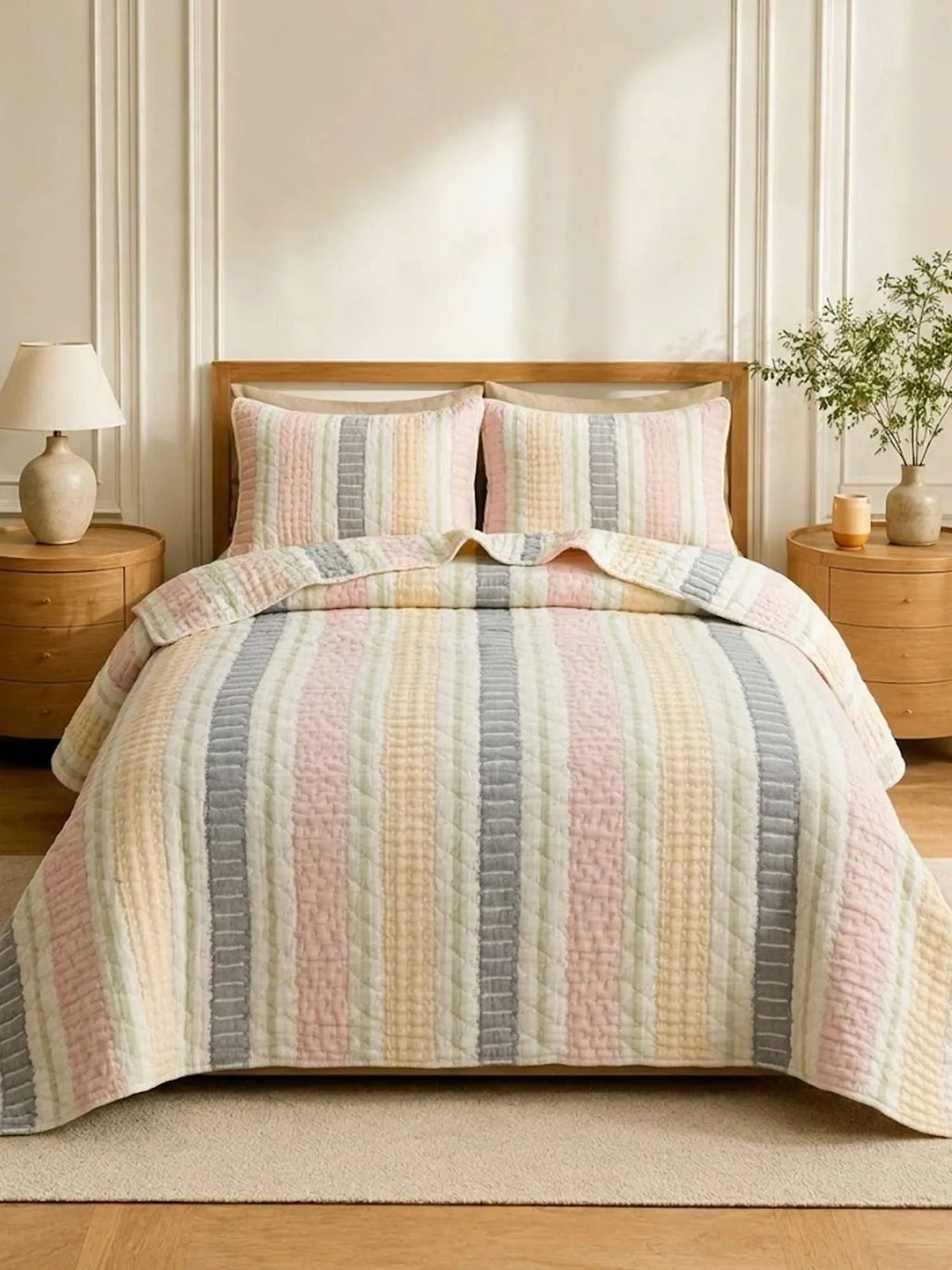 Pastel Multicolor Vertical Stripe Quilted Bedspread Cotton Puff Quilt Blanket