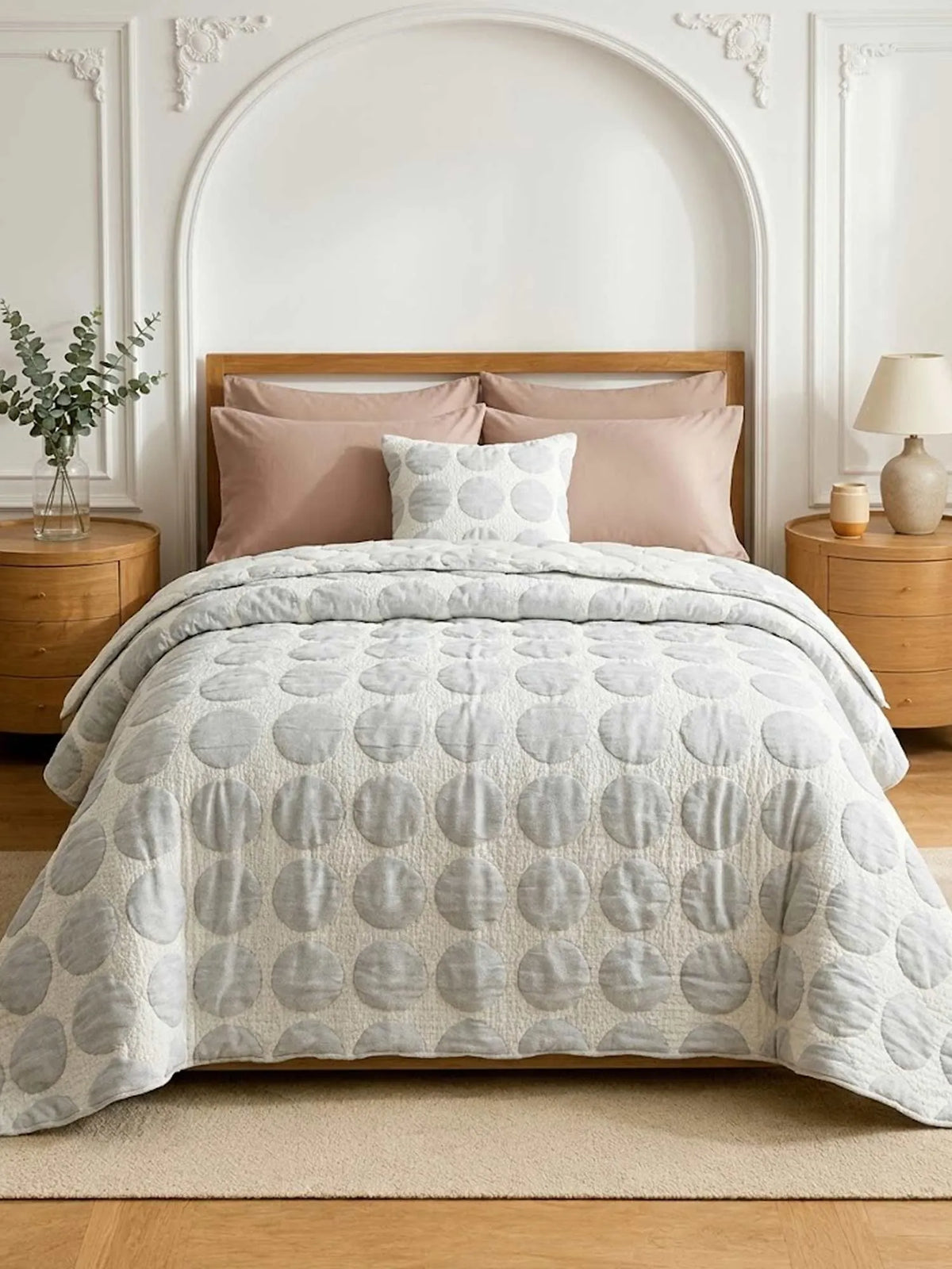 Dusty Blue Polka Dot Embossed Quilted Bedspread Cotton Puff Quilt Blanket