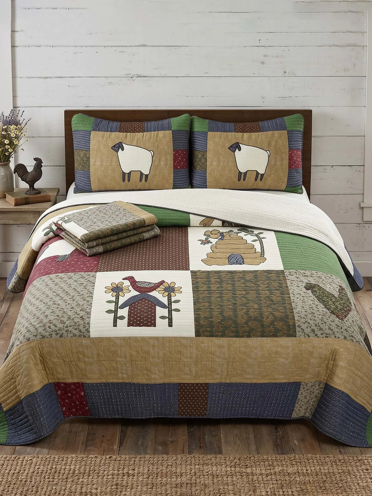 Sheep Farmhouse Folk Patchwork Quilted 3-Piece Bedding Set