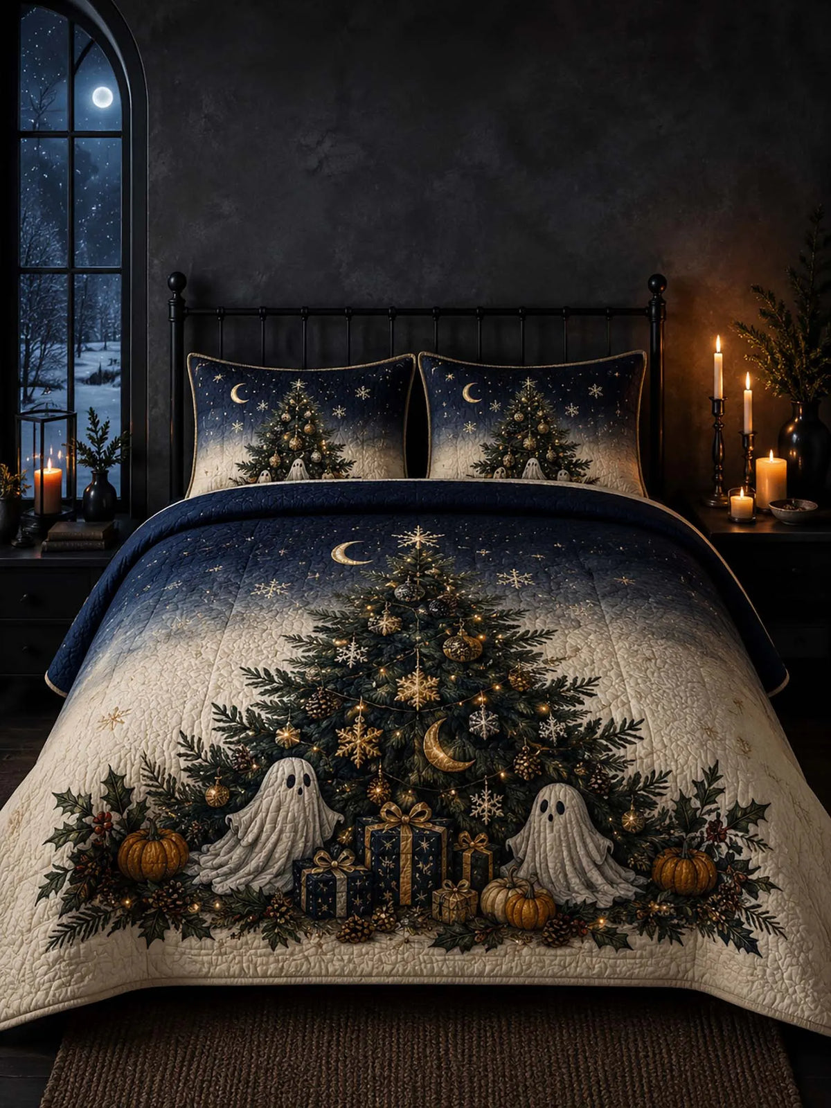 Moonlit Christmas Tree Ghost Pumpkin Dark Gothic Quilted 3‐Piece Bedding Set