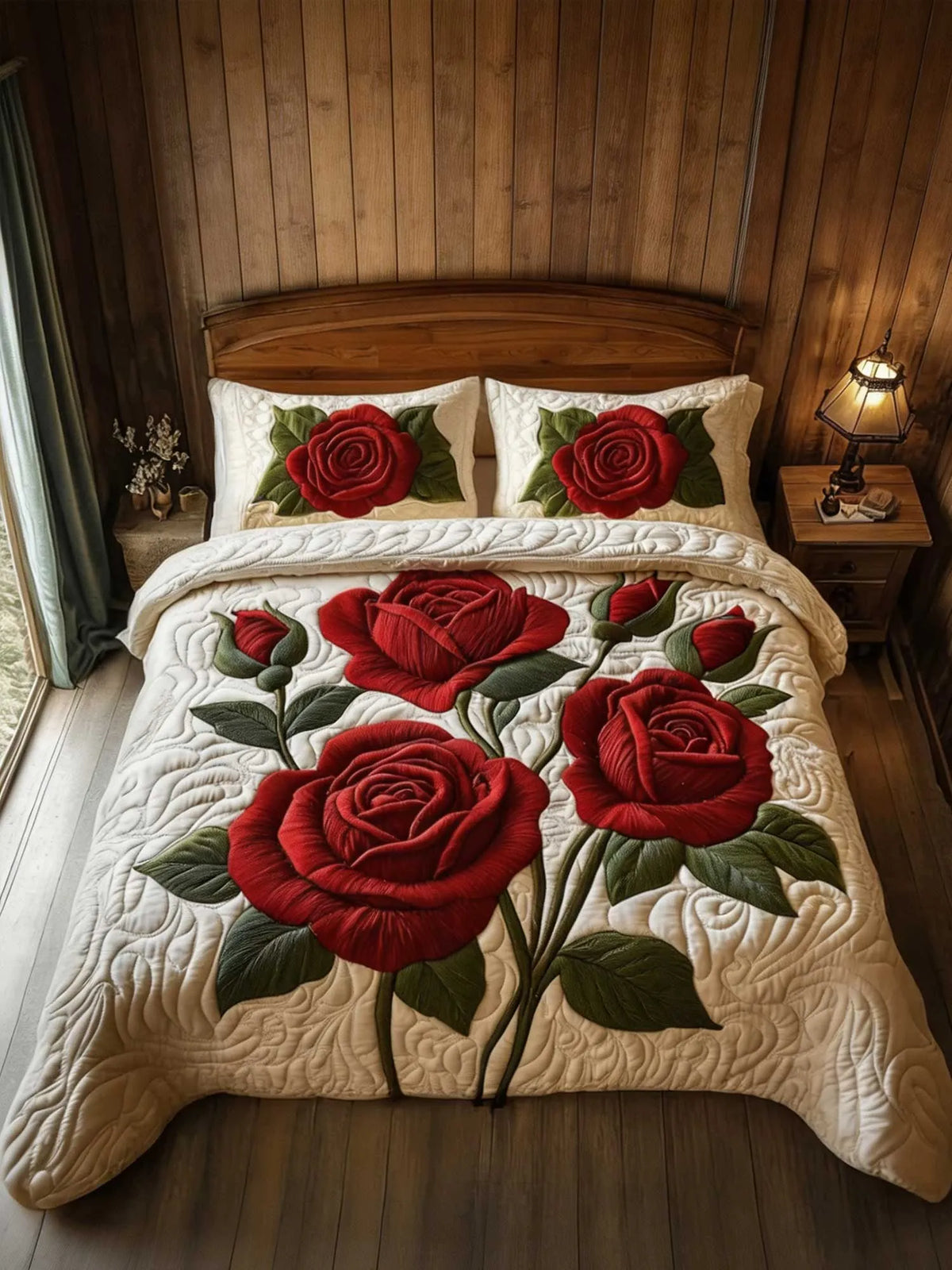 Timeless Scarlet Bloom 3‐Piece Quilted Bedding Set