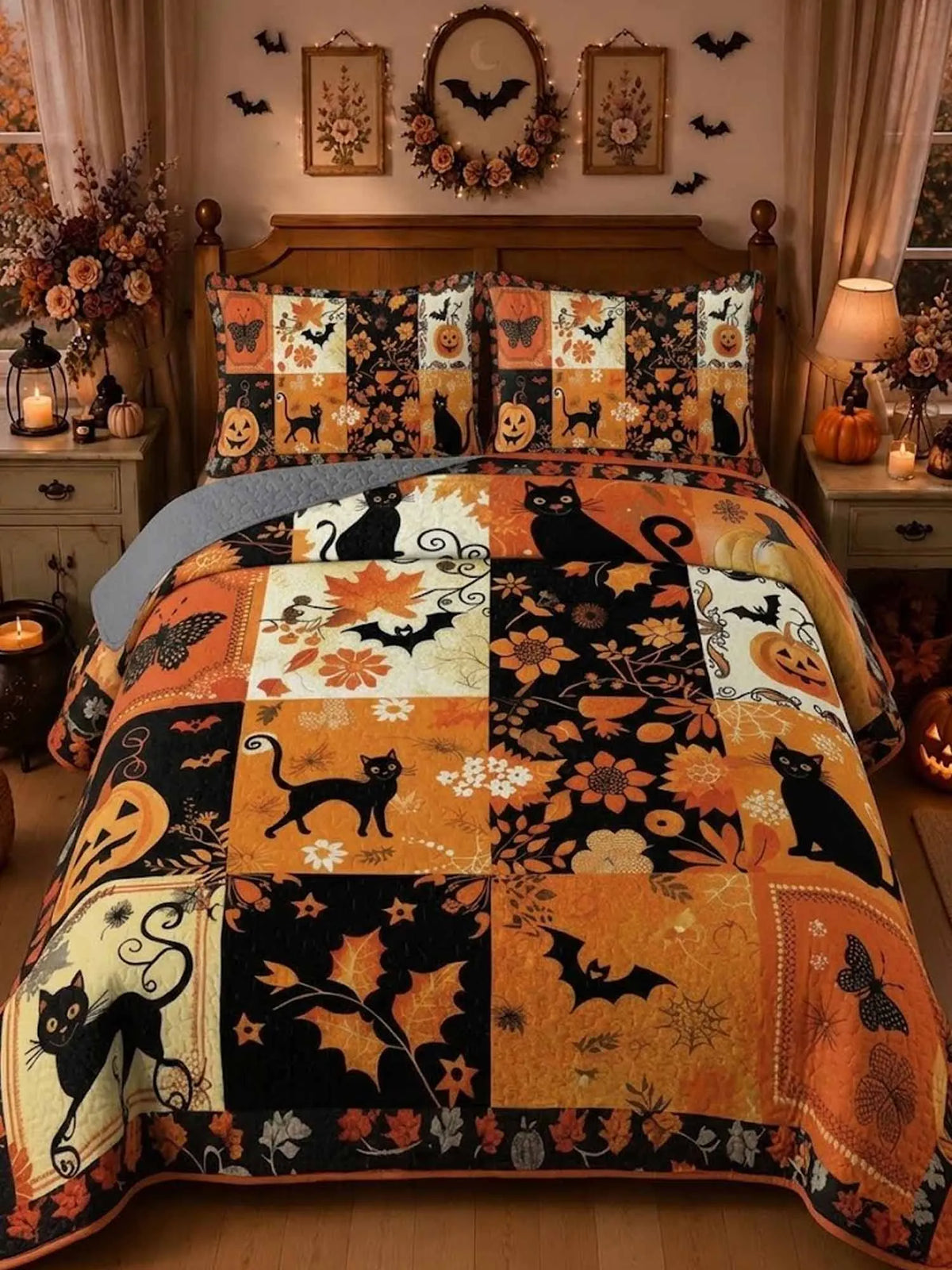 Halloween Patchwork Black Cat Pumpkin Bat Quilted 3‐Piece Bedding Set