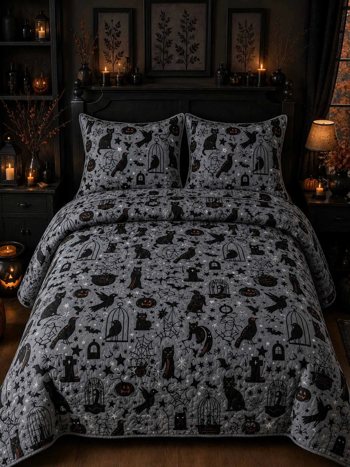 Grey Background Halloween Symbol All‐Over Print Quilted 3‐Piece Bedding Set