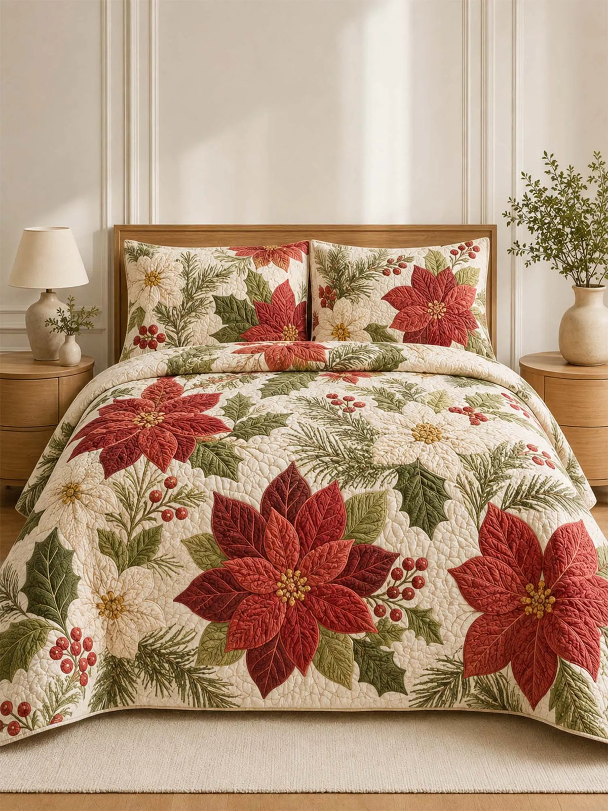 Poinsettia Botanical Christmas Quilted 3-Piece Bedding Set