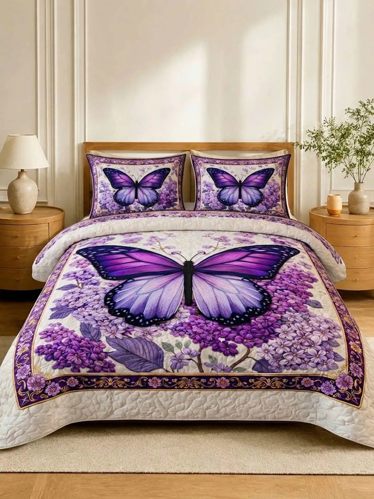 Lavender Butterfly Dream 3‐Piece Quilted Bedding Set