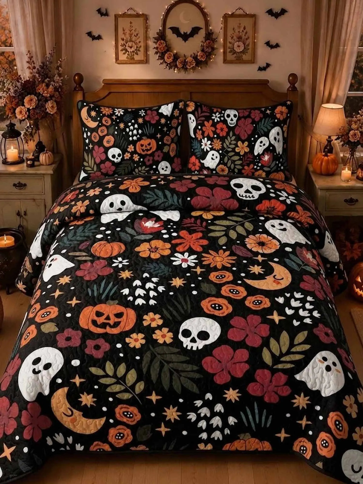 Floral Ghost Pumpkin Skull Halloween All‐Over Print Quilted 3‐Piece Bedding Set