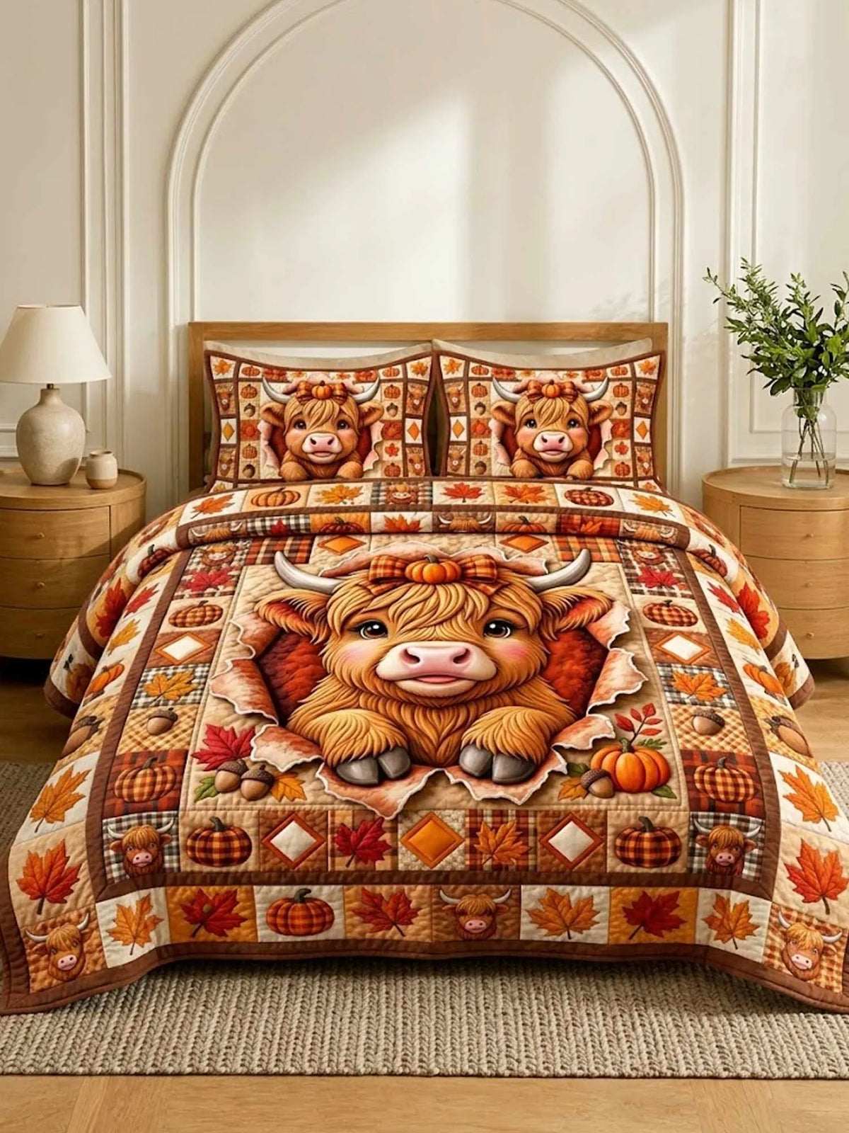 Fall Highland Cow 3‐Piece Quilted Bedding Set
