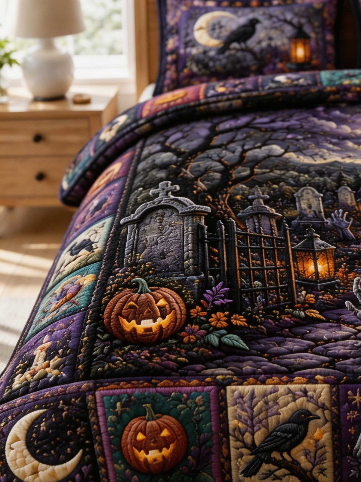 Moonlit Gothic Cemetery Chapel Halloween 3‐Piece Quilted Bedding Set