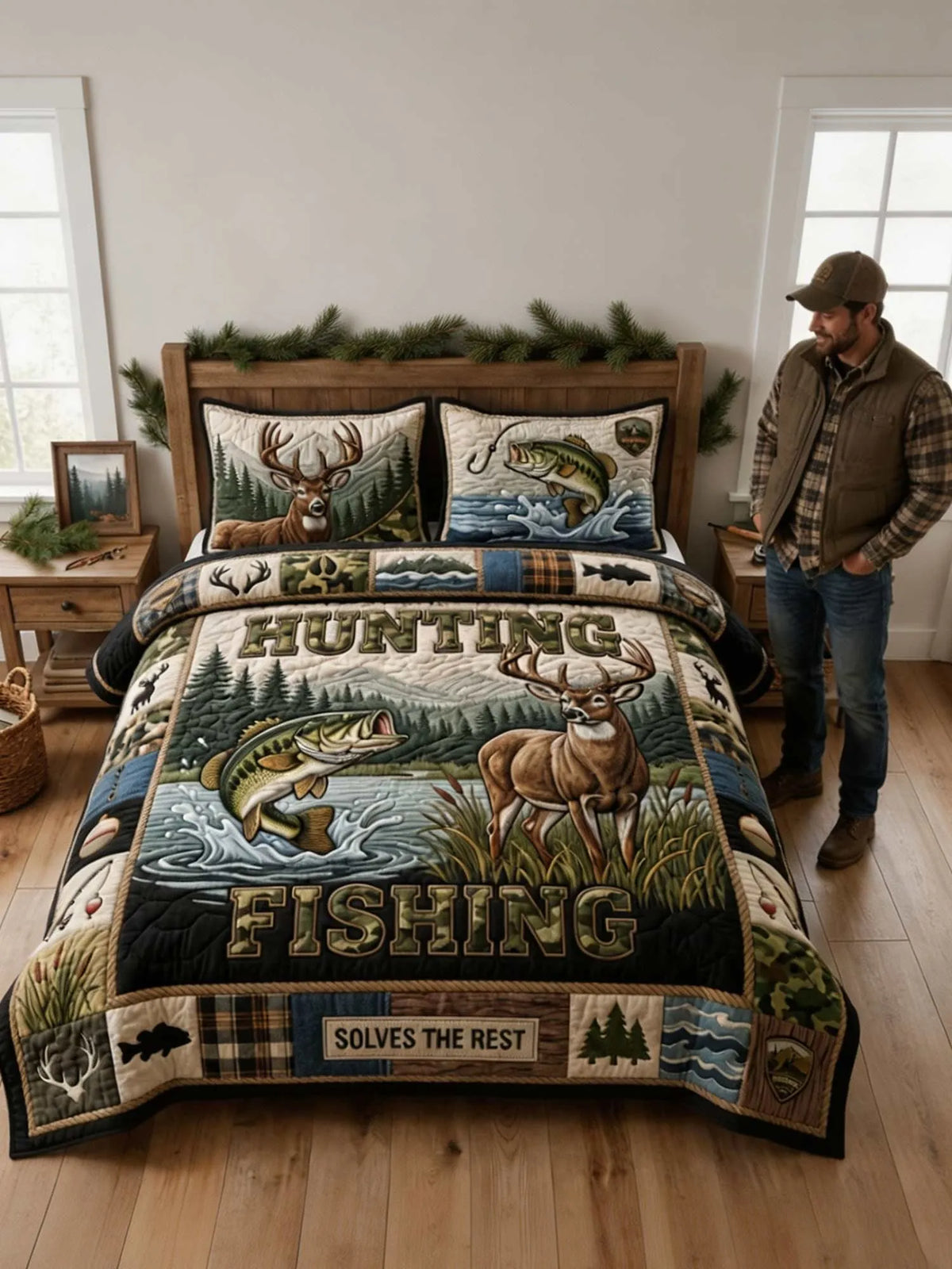 Hunting and Fishing Life 3‐Piece Quilted Bedding Set