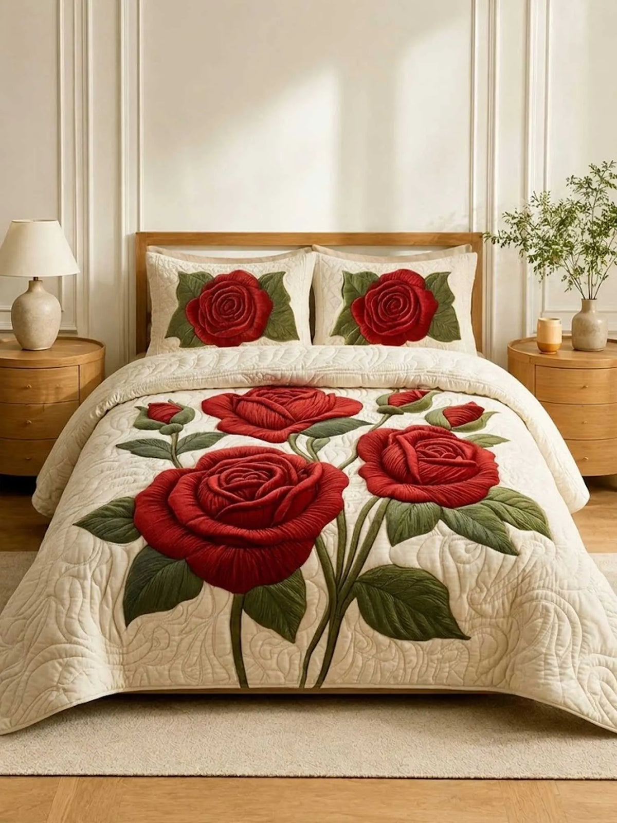 Timeless Scarlet Bloom 3‐Piece Quilted Bedding Set