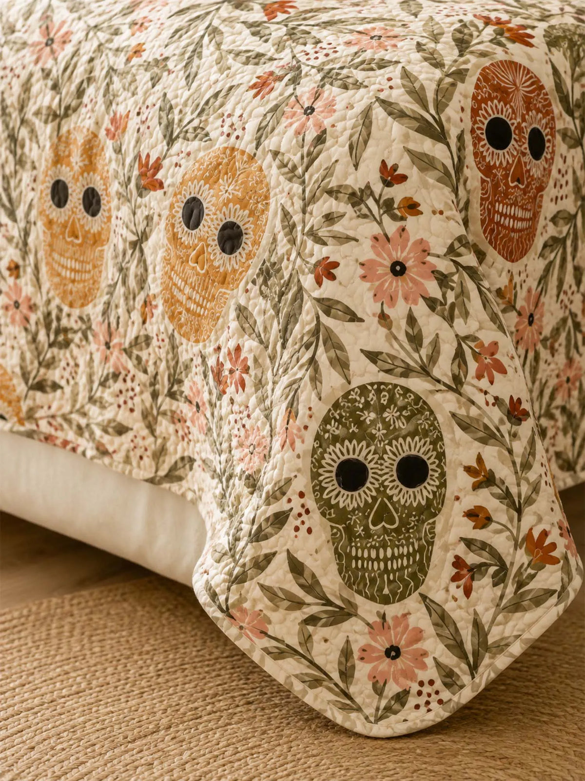 Sugar Skull Botanical Quilted 3-Piece Bedding Set