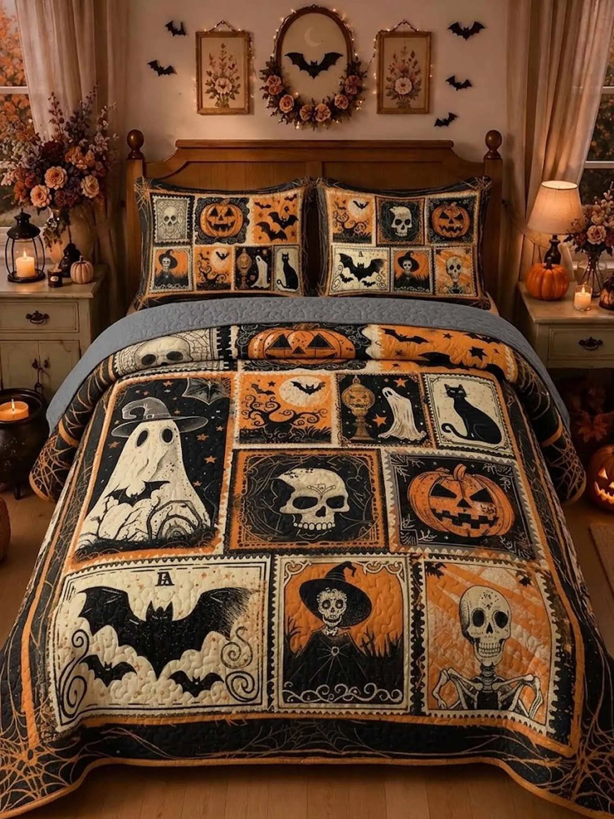 Vintage Stamp Skull Ghost Witch Halloween Patchwork Quilted 3‐Piece Bedding Set