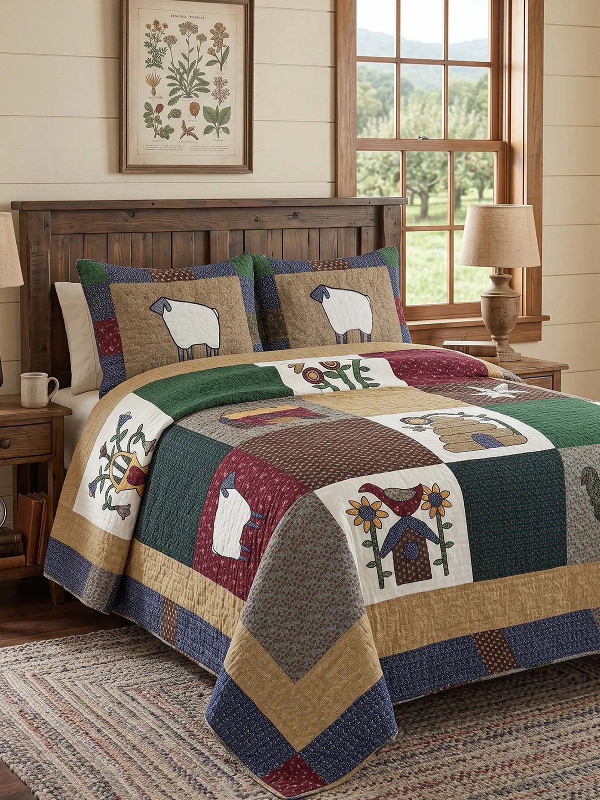 Sheep Farmhouse Folk Patchwork Quilted 3-Piece Bedding Set