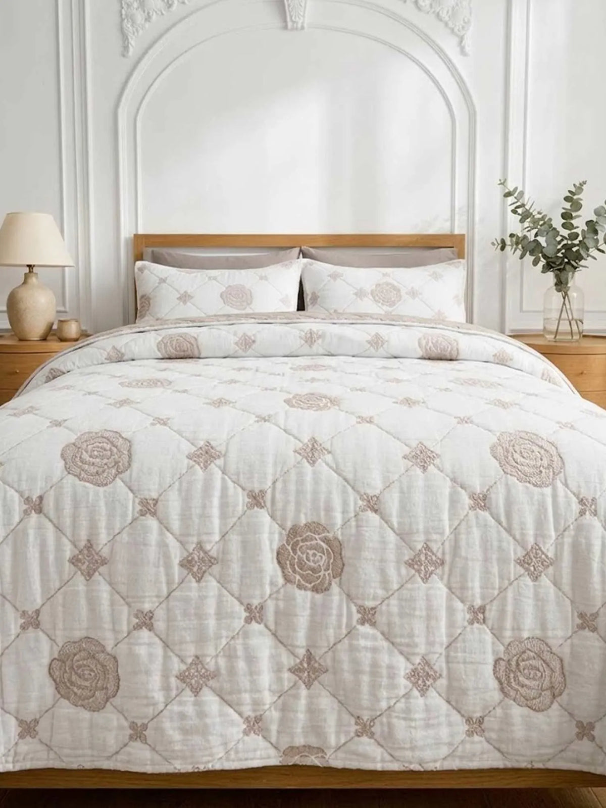 Light Taupe Rose Diamond Grid Quilted Bedspread Cotton Puff Quilt Blanket
