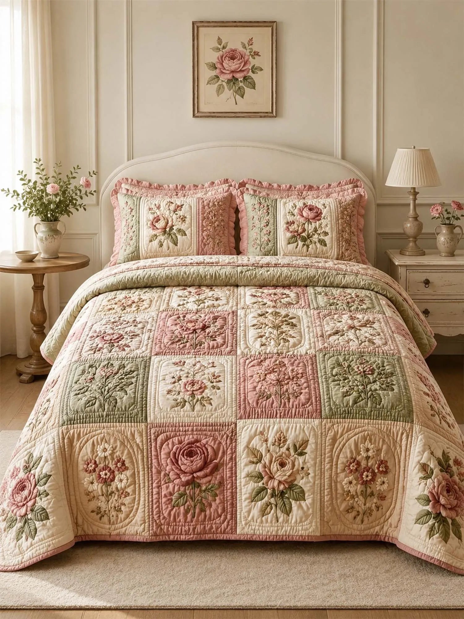 Vintage Rose Floral Quilted 3-Piece Bedding Set – Luxury Quilted Bedding with Matching Pillow Shams