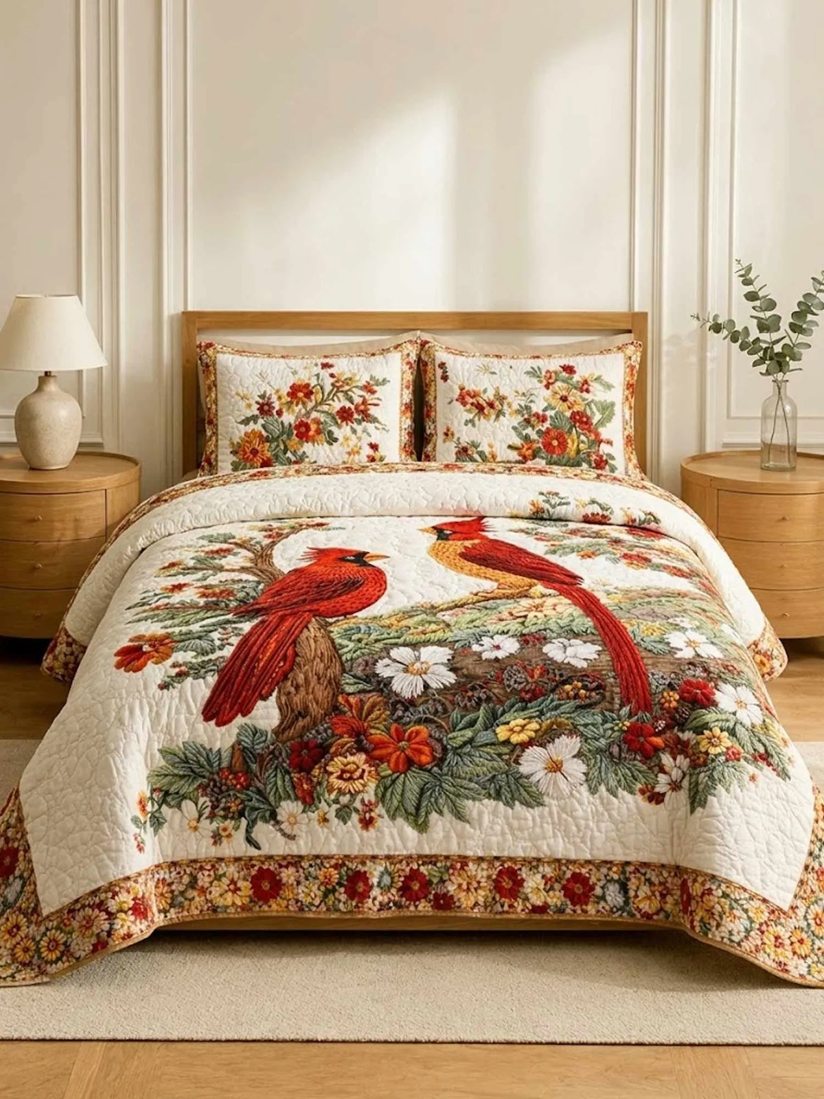 Cardinal Love Dance 3‐Piece Quilted Bedding Set