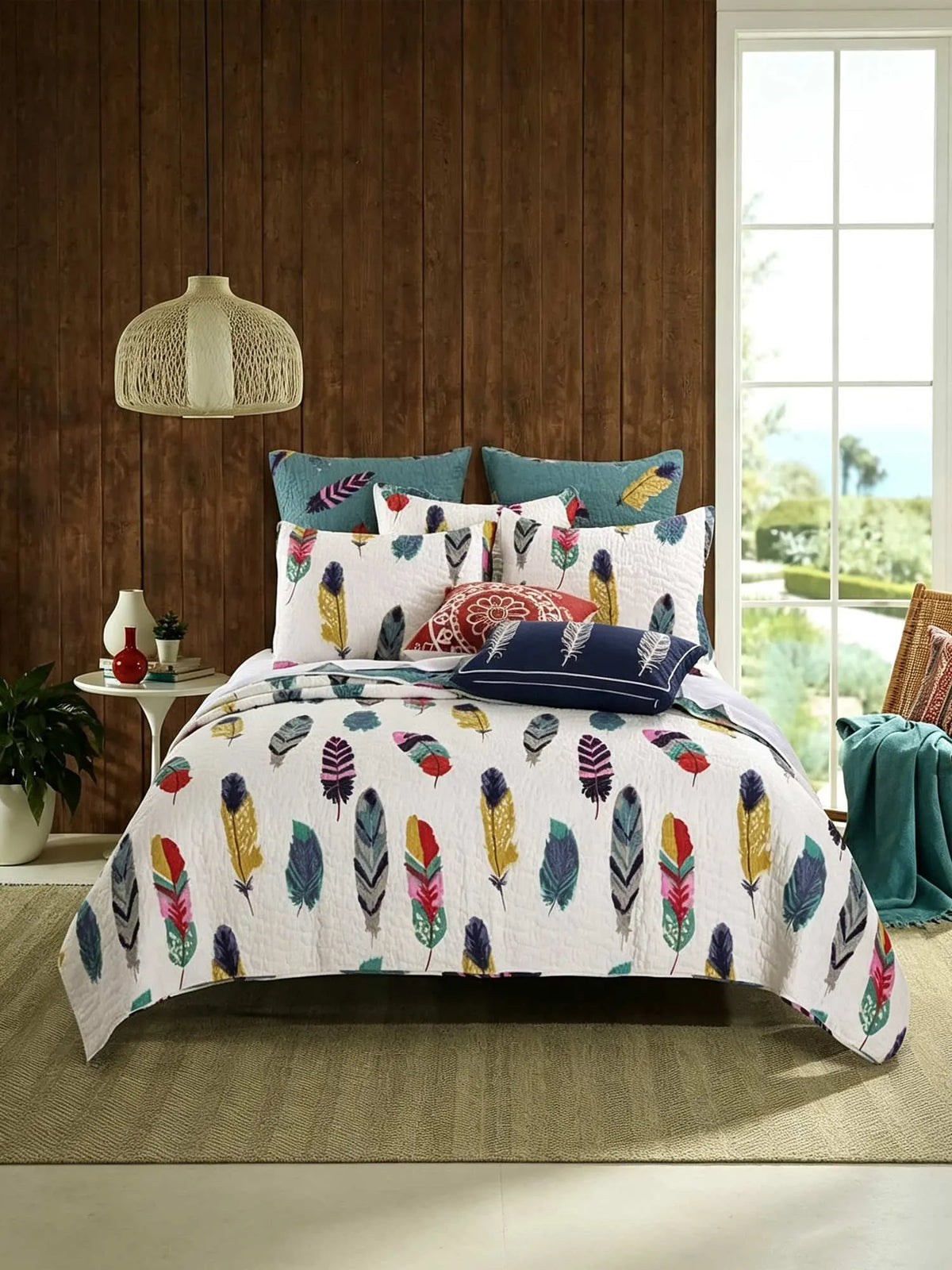 Boho Colorful Feather 3‐Piece Quilted Bedding Set