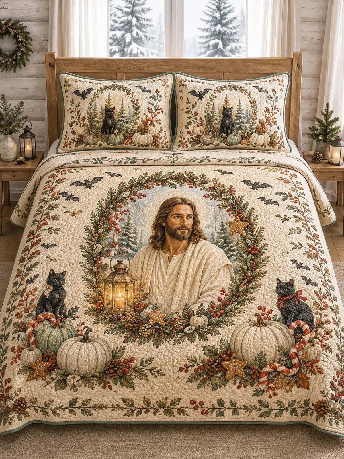 Wreath Frame Jesus Black Cat Bat Vintage Holiday Quilted 3‐Piece Bedding Set