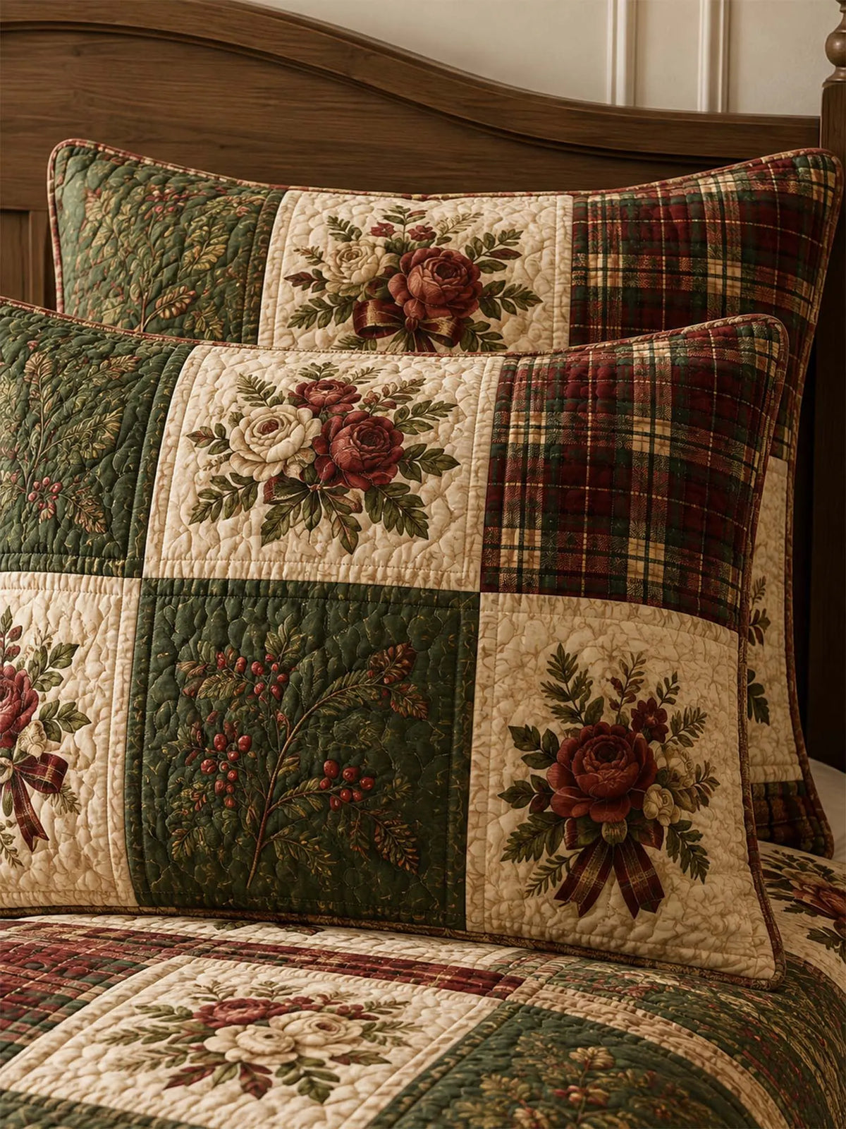 Christmas Rose Patchwork Quilted 3-Piece Bedding Set