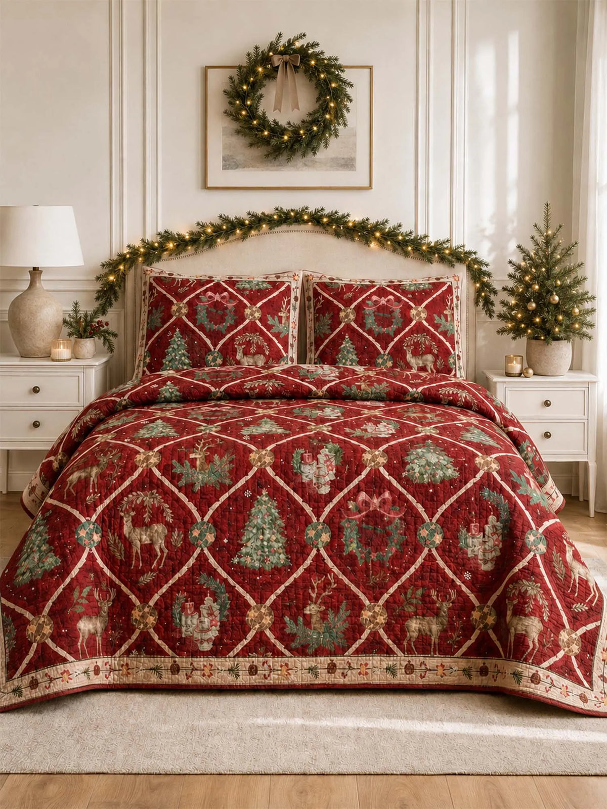 Reindeer Christmas Trellis Quilted 3-Piece Bedding Set