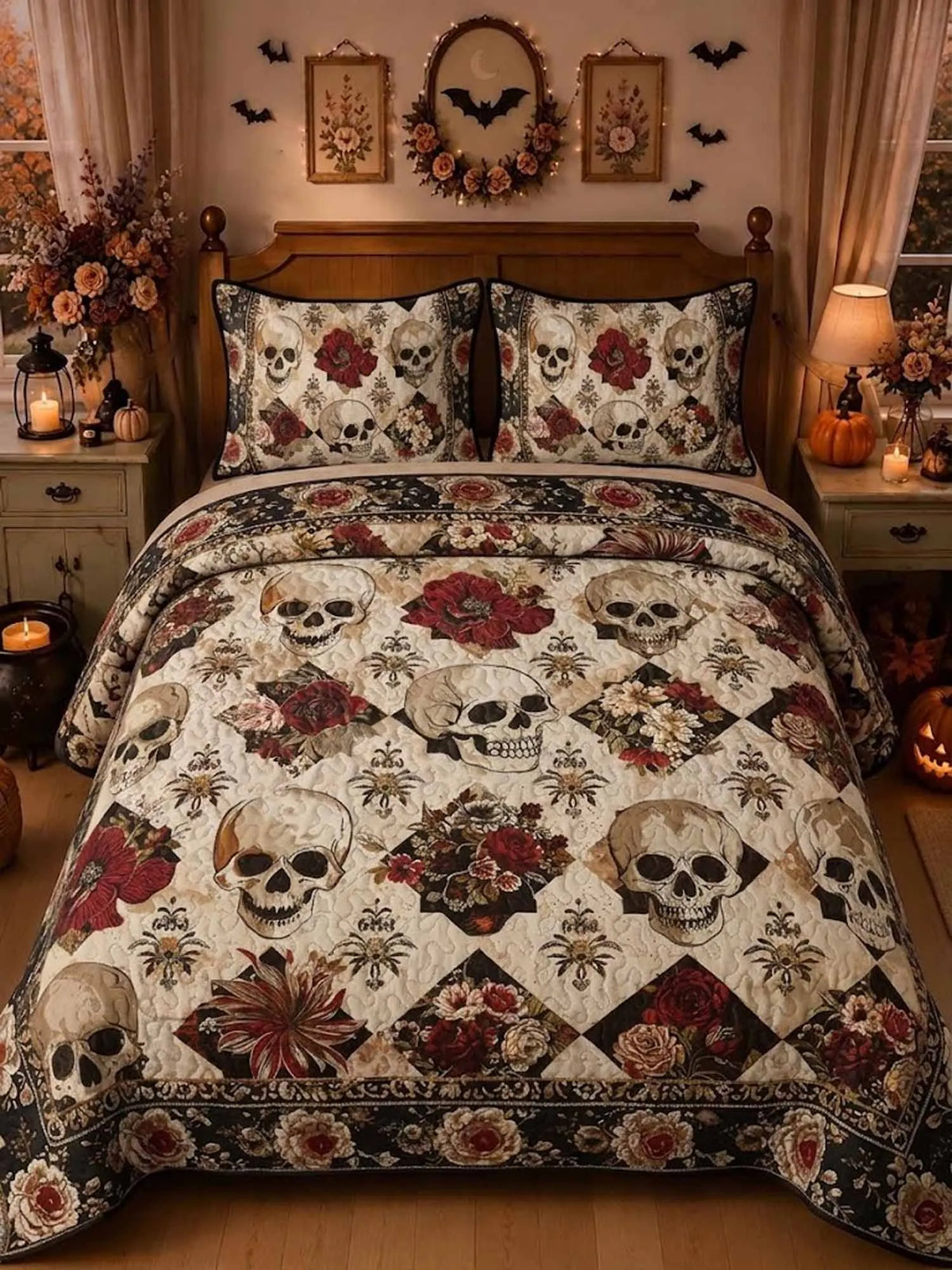 Skull Red Rose Vintage Floral Halloween Quilted 3‐Piece Bedding Set