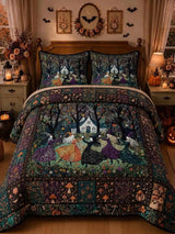 Floral Ghost Pumpkin Skull Halloween All‐Over Print Quilted 3‐Piece Bedding Set