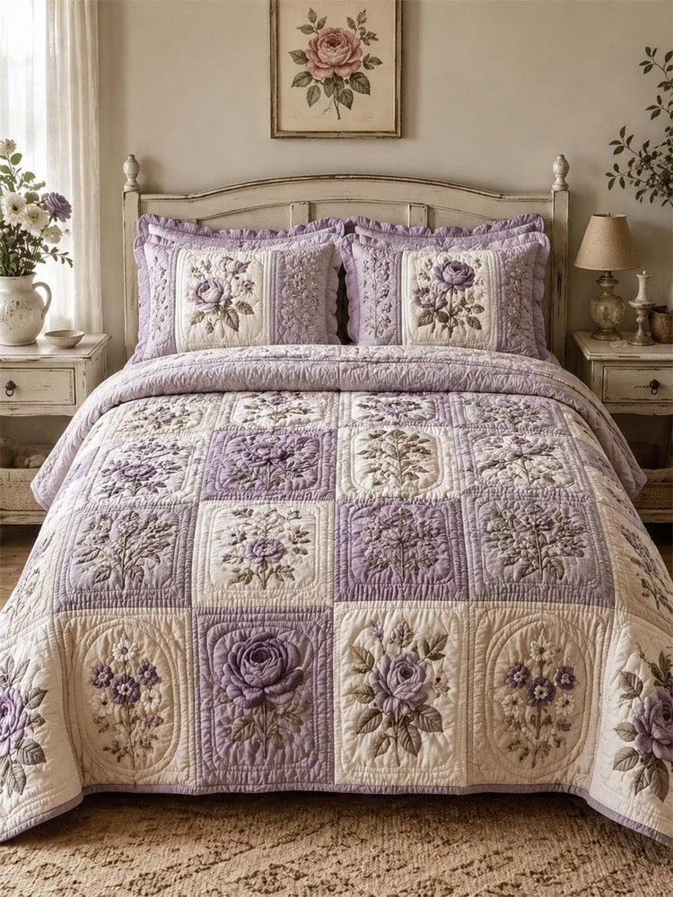 Vintage Rose Floral Quilted 3-Piece Bedding Set – Luxury Quilted Bedding with Matching Pillow Shams