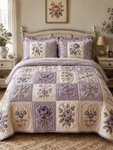 Vintage Rose Floral Quilted 3-Piece Bedding Set – Luxury Quilted Bedding with Matching Pillow Shams