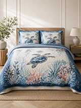Ocean Turtle Coral Reef Coastal Quilted 3-Piece Bedding Set