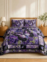 Purple Butterfly Floral Patchwork Quilted 3‐Piece Bedding Set