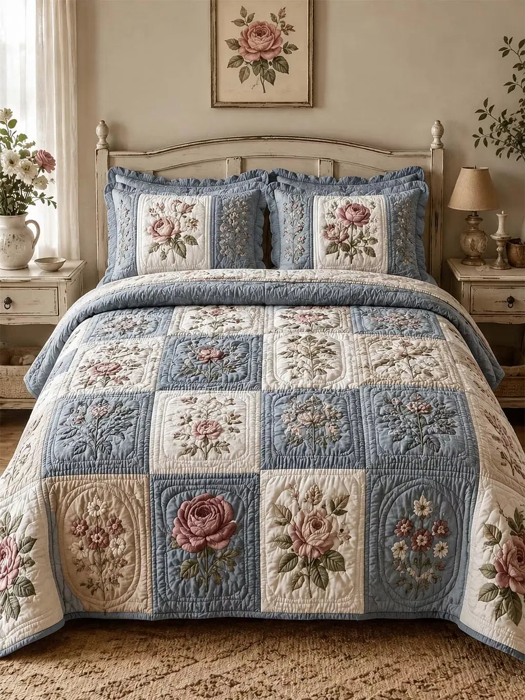 Vintage Rose Floral Quilted 3-Piece Bedding Set – Luxury Quilted Bedding with Matching Pillow Shams