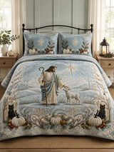 Light Blue Good Shepherd Jesus Black Cat White Pumpkin Quilted 3‐Piece Bedding Set