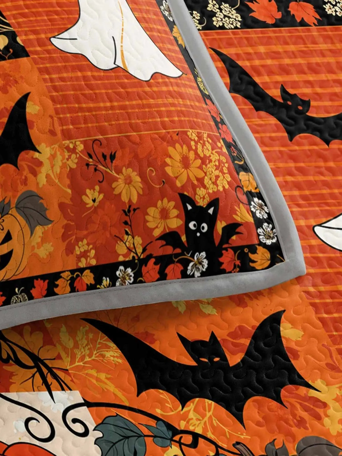 Plaid Pumpkin Ghost Black Cat Halloween Patchwork Quilted 3‐Piece Bedding Set
