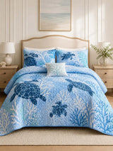 Blue Sea Turtle Coral Reef Coastal Quilted 3-Piece Bedding Set
