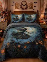 Flying Witch Moonlit Pumpkin Halloween Quilted 3‐Piece Bedding Set