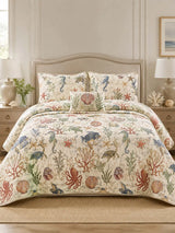 Sea Turtle Seahorse Coral Coastal Quilted 3-Piece Bedding Set