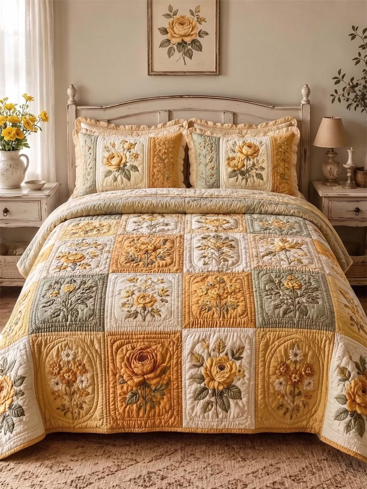 Vintage Rose Floral Quilted 3-Piece Bedding Set – Luxury Quilted Bedding with Matching Pillow Shams