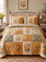 Vintage Rose Floral Quilted 3-Piece Bedding Set – Luxury Quilted Bedding with Matching Pillow Shams