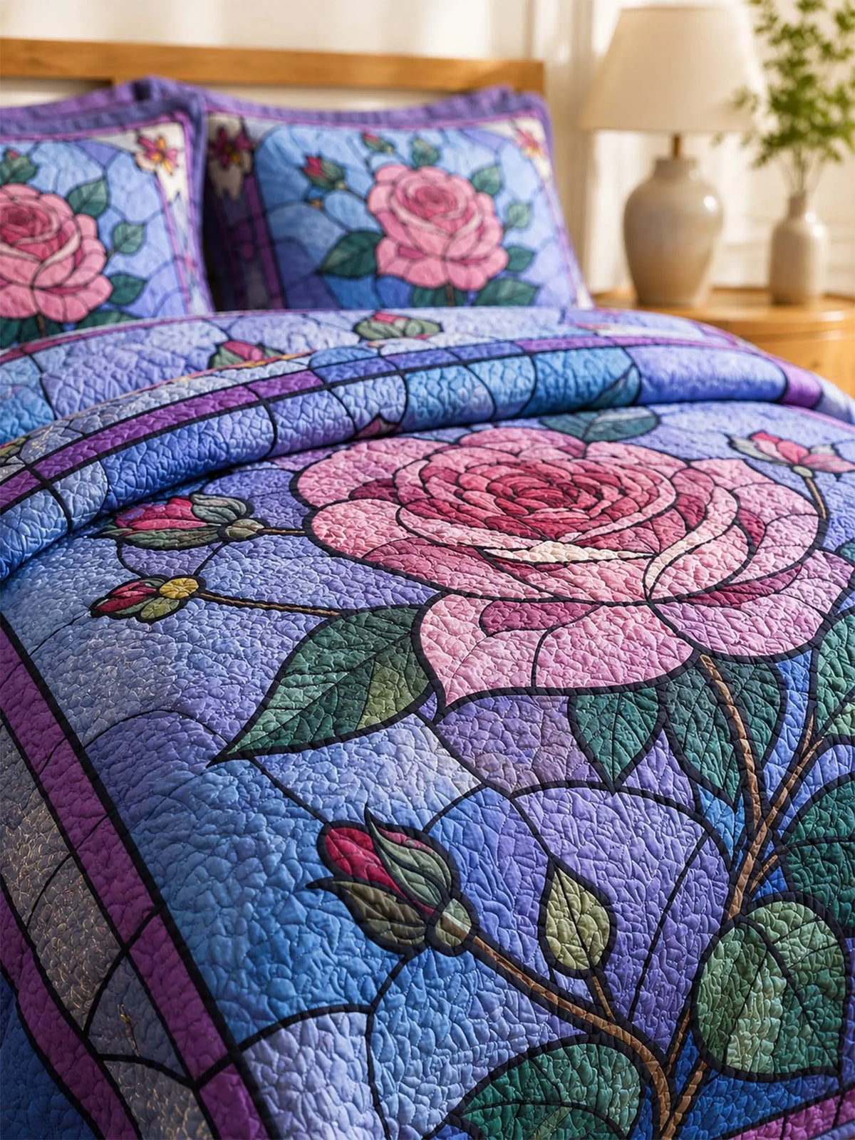 Stained Glass Rose Quilted 3-Piece Bedding Set – Vintage Cottage Garden Quilted Bedding With Matching Pillow Shams