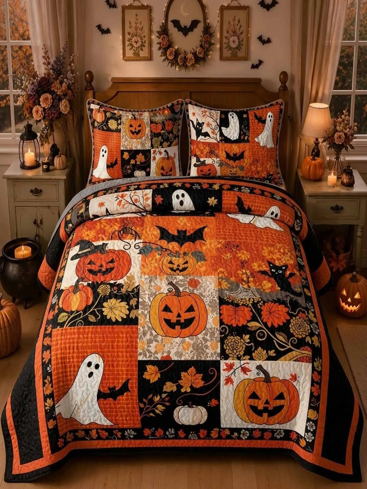 Plaid Pumpkin Ghost Black Cat Halloween Patchwork Quilted 3‐Piece Bedding Set