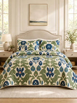 Blue Green Ikat Floral Quilted 3-Piece Bedding Set
