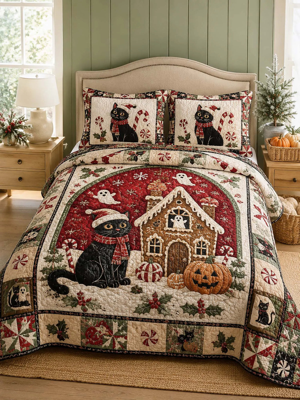 Black Cat Gingerbread House Halloween Christmas Quilted 3‐Piece Bedding Set