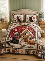 Black Cat Gingerbread House Halloween Christmas Quilted 3‐Piece Bedding Set
