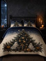 Moonlit Christmas Tree Ghost Pumpkin Dark Gothic Quilted 3‐Piece Bedding Set