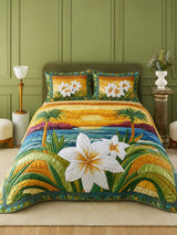 Tropical Plumeria Floral Quilted 3-Piece Bedding Set – Luxury Quilted Bedding with Matching Pillow Shams