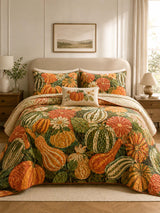 Pumpkin Gourd Floral Autumn Harvest Quilted 3-Piece Bedding Set